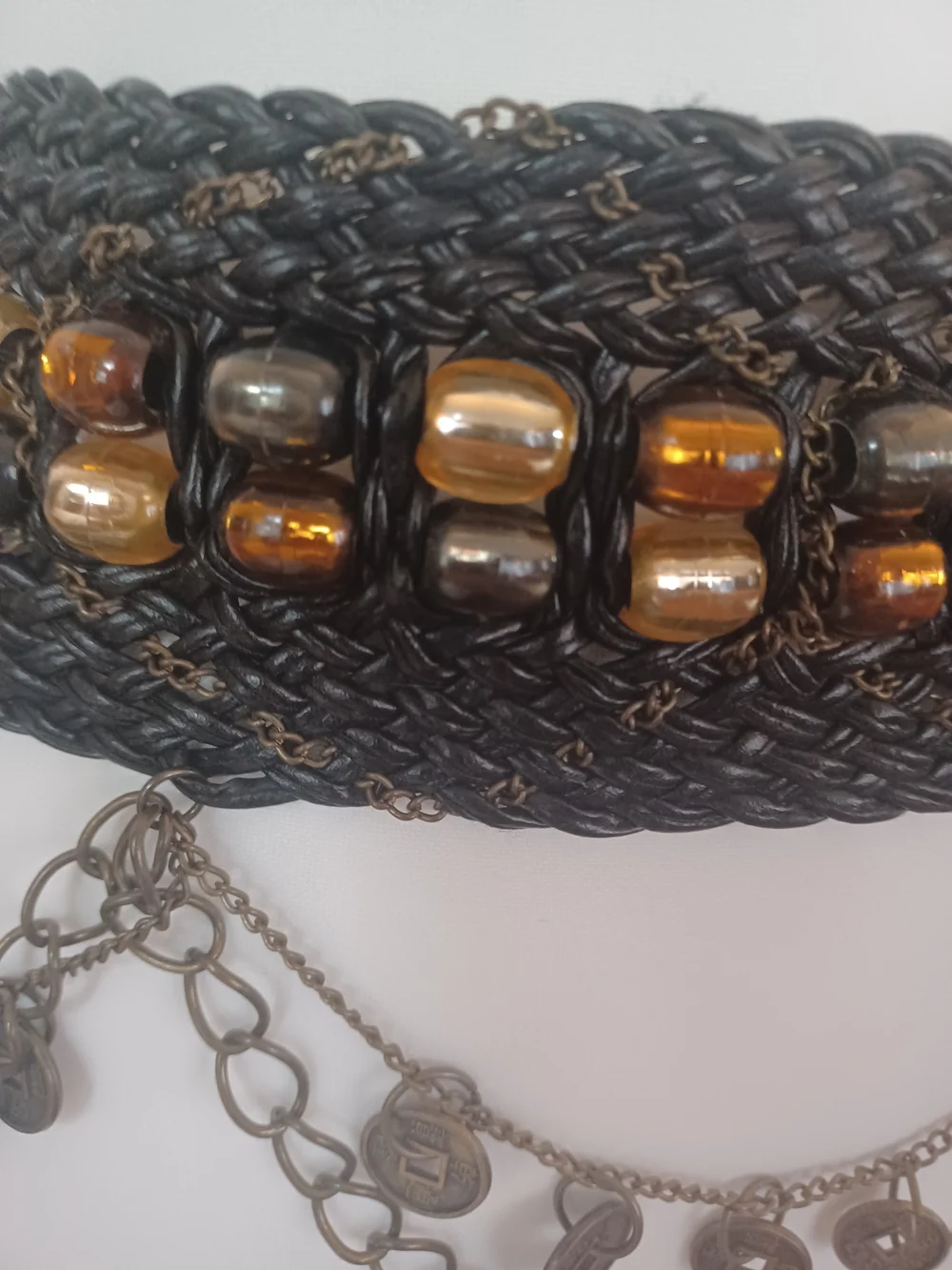Vintage 90s Boho Mixed Media Statement Belt Woven Beaded Chinese Coin Hip Belt